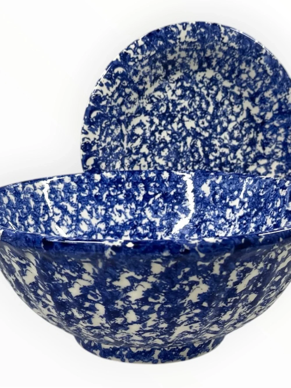Vintage ISG Italy Blue Spongeware Pasta Bowl & Dinner Plate Set 10.5” Stoneware
